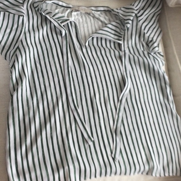 LOFT Tops - LOFT White Blouse with Forest Green Stripes and Tie Neck